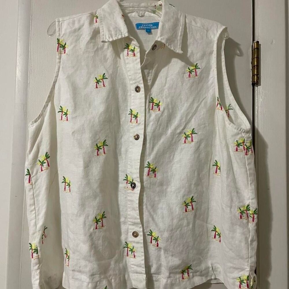 Cotton Connection white linen button up shirt with palm tree embroidery
